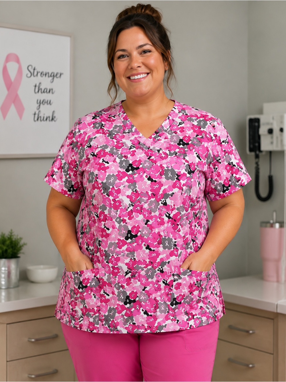 Divine Curves Scrub Top 1X Pink Ribbon Breast Cancer Awareness V Neck Medical